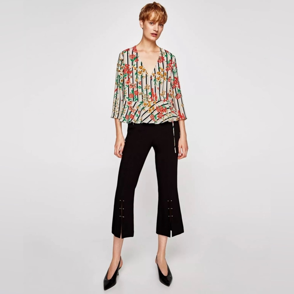 ZARA Striped Floral Print Wrap Crossover V-Neck Kimono Ruffle Top Blouse Small
